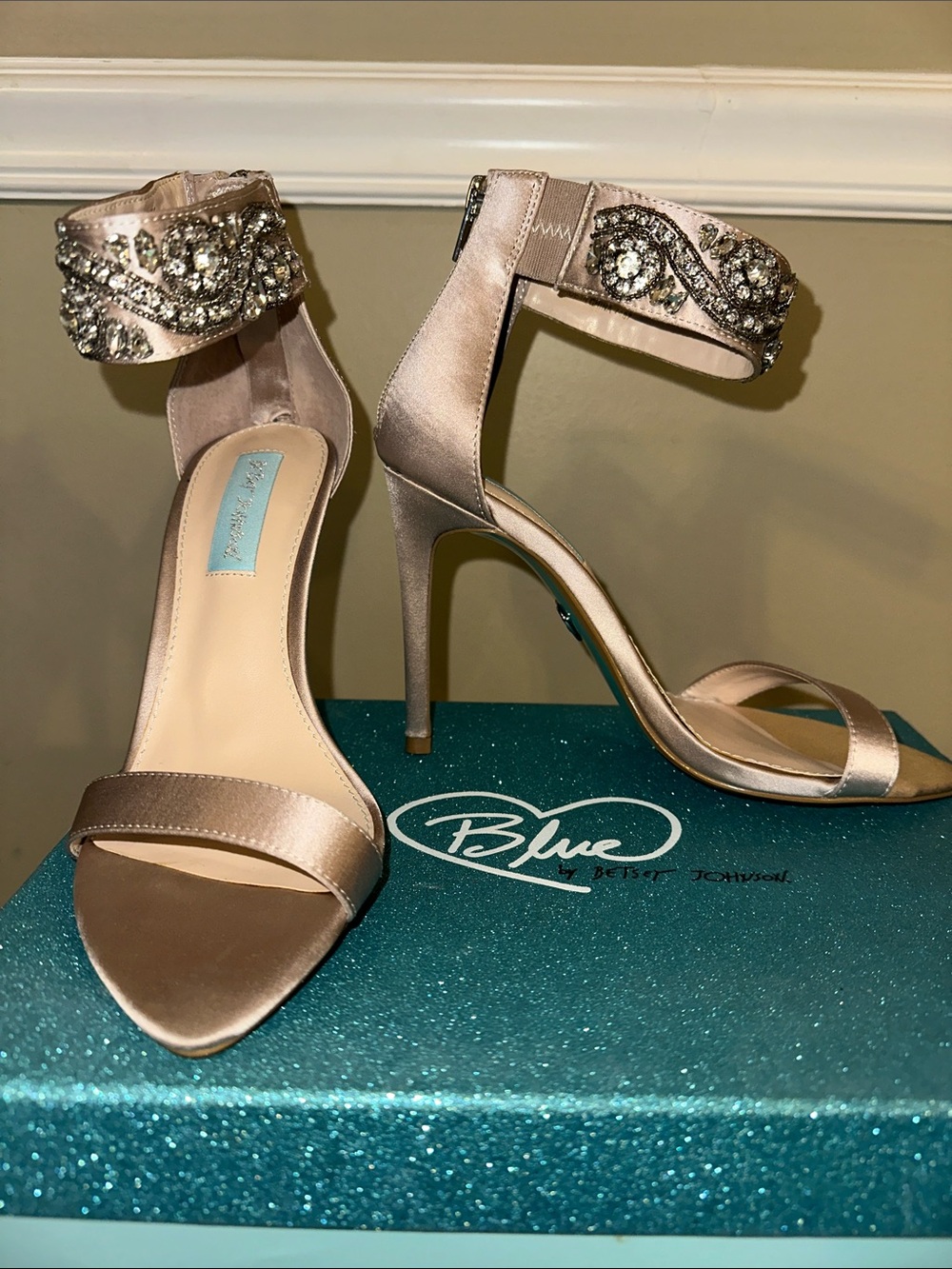 Blue by Betsey Johnson Pale-Nude Satin Crystal-Ankle Strap Heels size 8